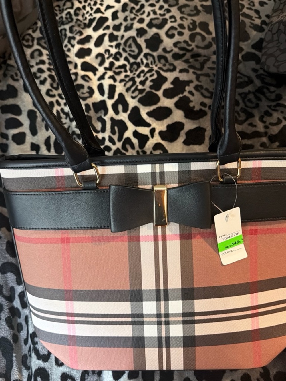 Plaid Bow Accent Tote Bag in Pink and Black
